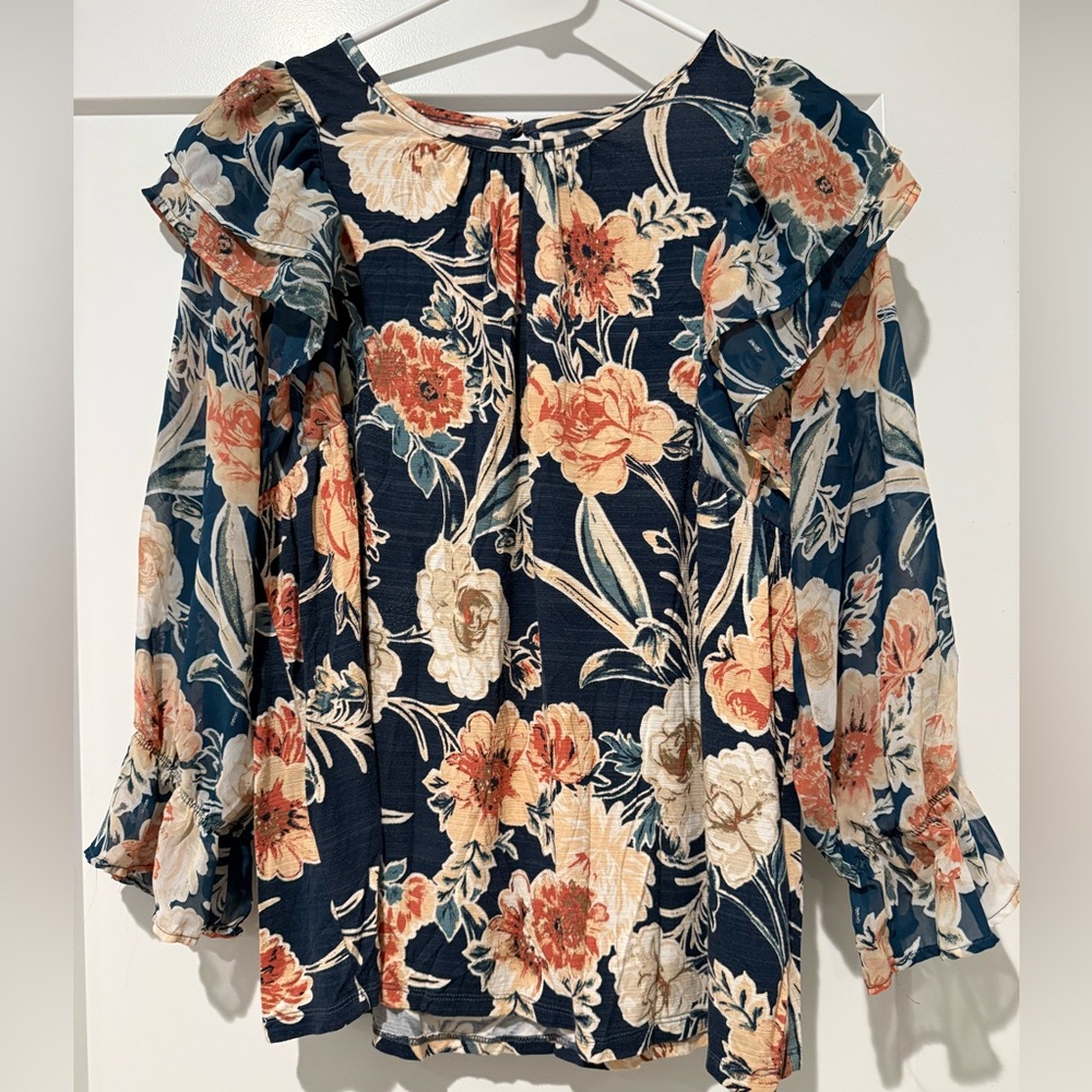 Floral Ruffle Sleeve Women's Top with Ruffled Bell Sleeves
